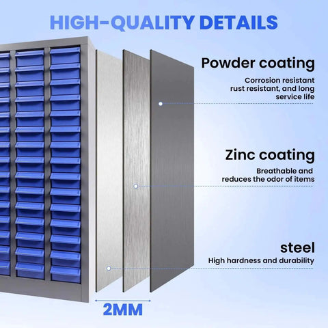Cross-section of 75 Drawer Nut And Bolt Bins Organizer With Alloy Steel Construction, showcasing powder and zinc coating layers.