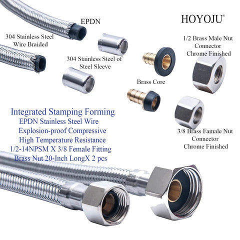 Two 20-inch stainless braided faucet hoses with 1/2-14NPSM male ends and 3/8 in female fittings, 2-pack.