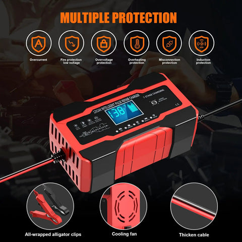 All In One 10 Amp 12V 24V Car Battery Charger Maintainer Trickle Charger And Desulfator With Temperature Compensation for lead-acid batteries, showing front view with display and connections.