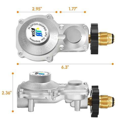 Two Stage Propane Regulator for RVs and Campers With Three Eighths Inch Female NPT and POL, side and top view dimensions