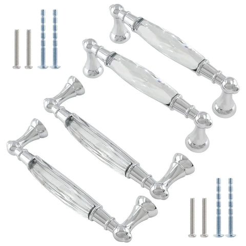 Crystal Cabinet Pulls Four Pack 4.5 Inch Overall Length With 3.75 Inch Hole Spacing Diameter 0.7 Inch Chrome Silver Glass Bar Drawer Pulls