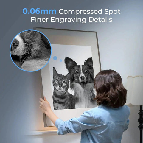 Woman displaying artwork engraved by Dope 10W Laser Engraver And Cutter With 72W Peak Power for precise details, featuring pets.