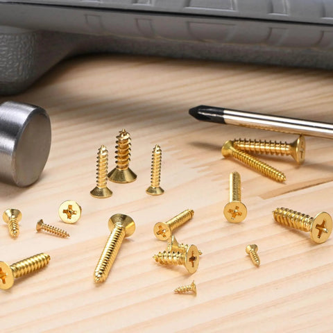 Go-To Brass Wood Screws 100 Pack M2x6mm Phillips Flat Head Self-Tapping Fasteners for woodworking projects on table