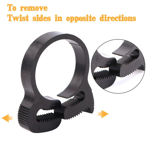 Close-up of nylon double snap hose clamp with text instructions for removal shown on a 60 Pcs Heavy Duty Nylon Double Snap Hose Clamps Set In 8 Sizes For Silicone Vinyl LDPE Tubing Non Metallic Corrosion Resistant Oil And Gasoline Solvent Resistant Clamp Kit With Sturdy Plastic Storage Box