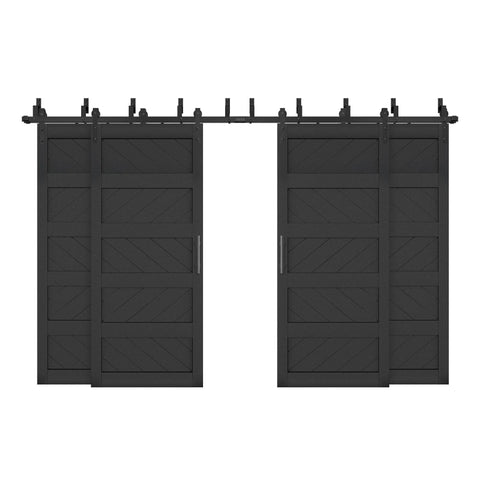 Double Bypass Sliding Barn Door Kit With Wave Panel 144x84 Inches Includes 12 Ft Hardware And Four 36x84 Inch Track Sets Black