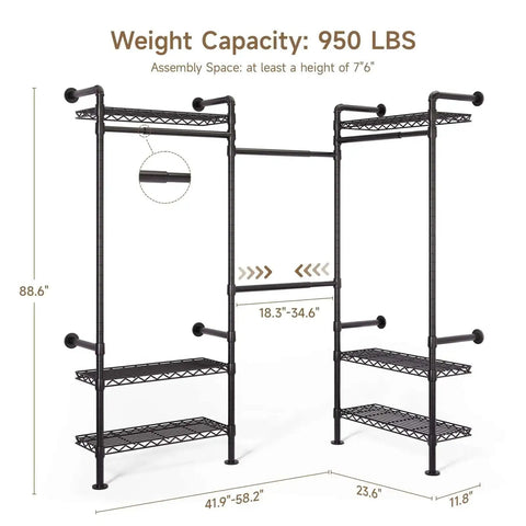 Industrial Pipe Wall Mounted Garment Rack With Walk In Closet System, Four Expandable Rods And Six Adjustable Shelves, Black Metal Closet Shelving