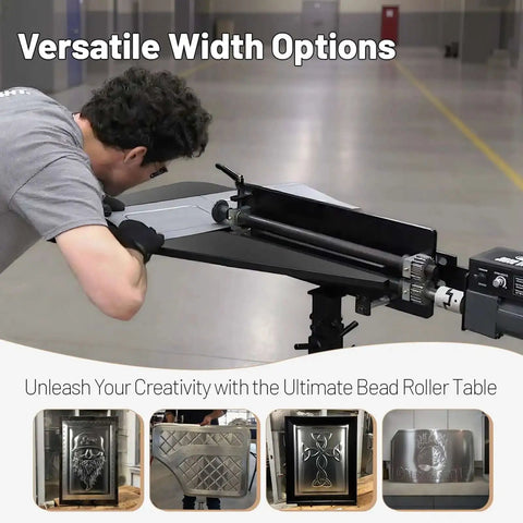 Man using heavy duty bead roller table with sturdy tube frame for metal fabrication, showcasing versatile width options