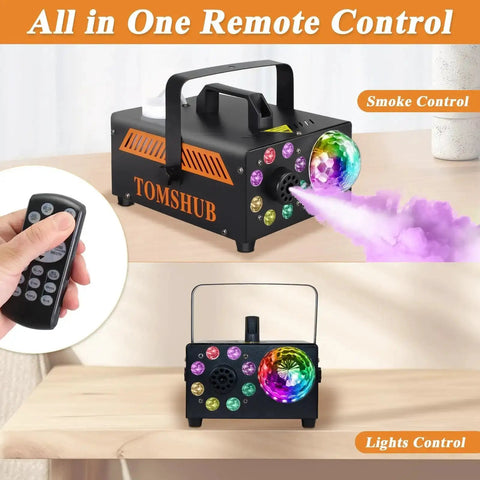Powerful 600W Fog Machine with Disco Ball and 13 Color LED Lights for Halloween Parties Weddings and DJs, remote control included.