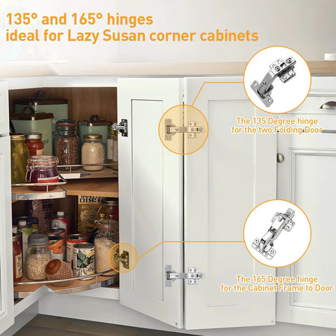 TamBee concealed cabinet hinge pair for frameless kitchen doors; 135°/165° hinges with nickel-plated steel soft-close dampers.