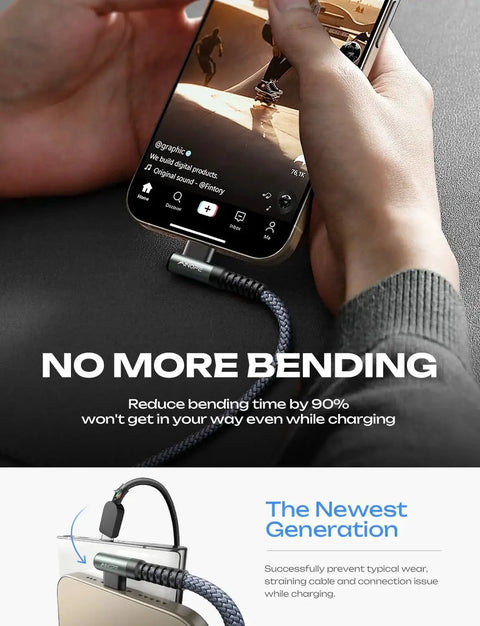 Right Angle USB C to USB C Cable 60W 6.6ft Fast Charging 2 Pack connected to a phone, showing reduced cable bending.