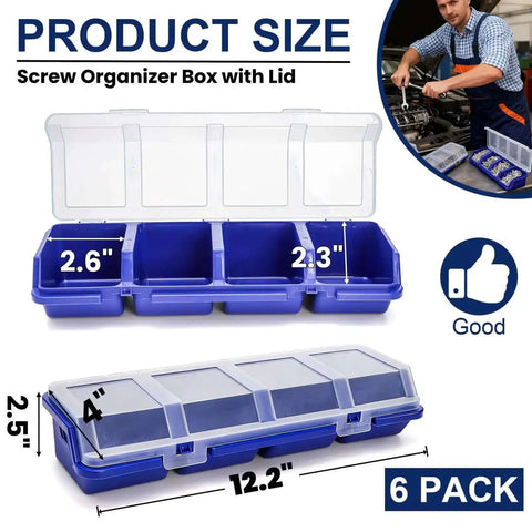 6 Pack Screw Organizer Box With Lid For Garage And Workshop Four Compartments Small Parts Bins Plastic Hardware Storage Containers