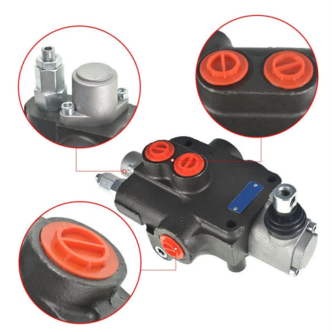Close-up of One Spool Hydraulic Directional Control Valve for Double Acting Cylinders with SAE port connections, 21 GPM at 3600 PSI.