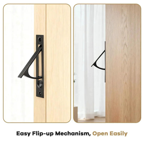 Matte Black Pocket Door Hardware Set With Two Recessed Flush Finger Pulls And One Edge Pull Stainless Steel 304 Finish displayed on wood door