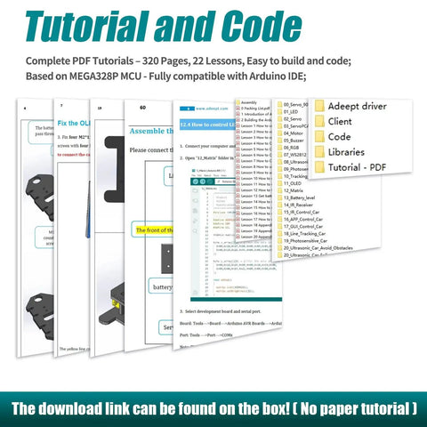 Mecanum Wheel Smart Car Kit tutorial, showing digital PDF with Arduino IDE setup and code examples for programming robot features.