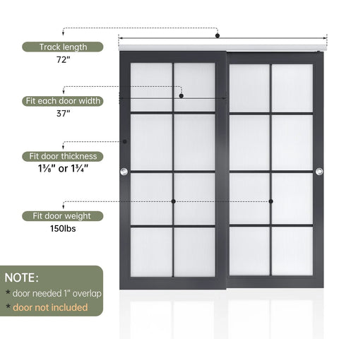 Bypass Pocket Door Hardware Kit 6 Foot 72 Inch Double Sliding System Commercial Grade Aluminum Track For Two Doors