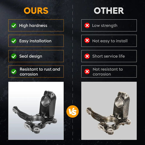 Comparison of OEM style front left suspension steering knuckle with competitor; highlights durability and installation ease.