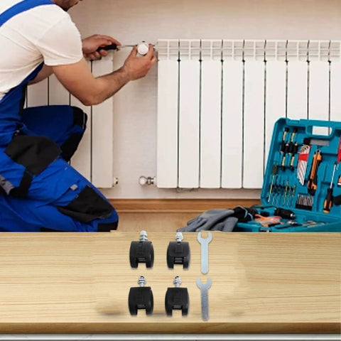 Installation of 4 Pack Replacement Caster Wheels for Electric Oil Heater with Brakes, durable plastic, shown with tools and wrenches.