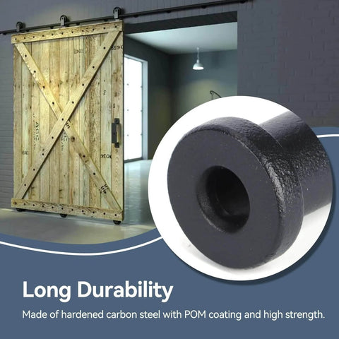 Built Tough Bottom Spacers For Sliding Barn Doors, Matte Black Wall Spacers With Door Shaft Pins, Pack Of 2 shown installed with barn door