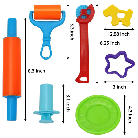 Kids 44 Piece Clay Tools Set With Rolling Pins, Molds, Cutters And Extruder Shapes For Creative Play by JOYIN, various tool sizes shown