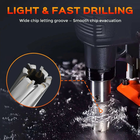Annular Cutter Set Twelve Piece Carbide Tips Mag Drill Bits Kit With Three Quarters Inch Weldon Shank And Two Pilot Pins For Mag Drill Press Cutting From One Half Inch To One And One Sixteenth Inch in action on metal plate, showing close-up of drill performance and chip evacuation.
