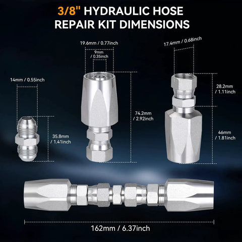Hydraulic Hose Field Repair Kit With Three Diameters dimensions for 3/8 inch hose showing metal fittings and measurements