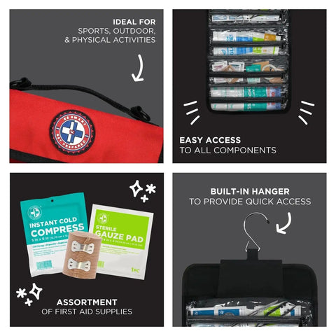 Ready To Go 73 Piece Coaches And Team Sports First Aid Kit In Roll Up Bag, open view showing supplies and built-in hanger