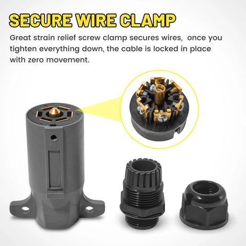 Beefy 7 Pin RV Trailer Plug With IP68 Waterproof Seal Detachable 7 Way Round RV Style Trailer Side Connector Weatherproof 7 Point Trailer Wiring Plug Pro with secure wire clamp and strain relief features.
