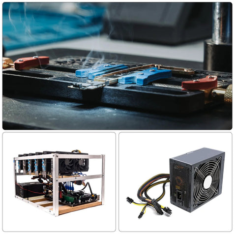 PATIKIL graphite gasket sheet close-up on lab testing rig with blue clamps and PCB
PATIKIL graphite gasket sheet pack beside open mining rig frame with GPUs
PATIKIL graphite gasket sheet pack near computer power supply unit and cables