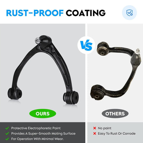 Comparison of front upper control arm with ball joint assemblies forged steel for Escalade 07-14 and Chevy Avalanche.