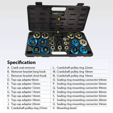 Crankshaft And Camshaft Bearing Removal And Installation Kit with 118mm and 73mm hooks displayed in a case with specifications chart.