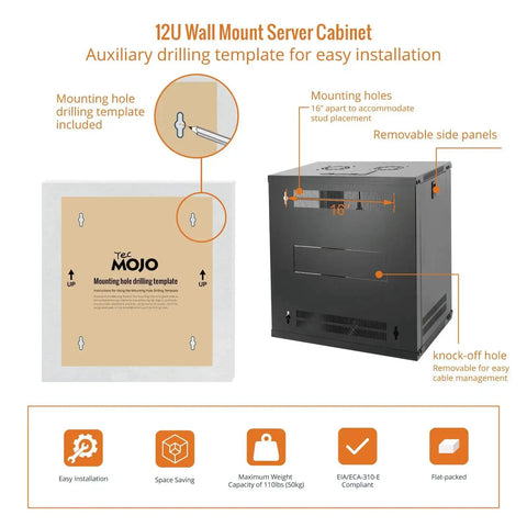 Diagram showing 12U Wall Mount Server Cabinet with lockable glass door and side panels, includes drilling template for easy installation.