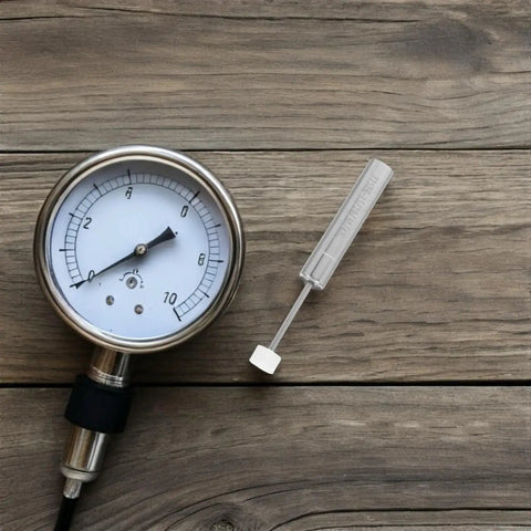 Round dial pressure gauge and screwdriver placed on wooden surface, indicating precise measurement and tools.