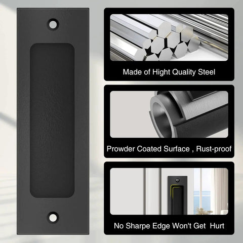 6 Inch Flush Pull Sliding Barn Door Handle Set durable matte black finish with rust-resistant recessed rectangular plate and mounting hardware.