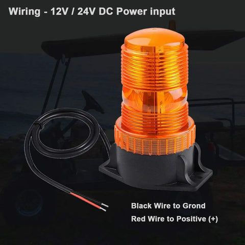 Amber LED strobe beacon on black base with red positive and black ground power wires