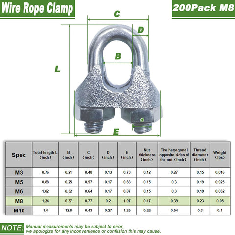 200pcs M8 zinc-plated wire rope clamp, heavy-duty U-bolt cable clip in silver, front view with dimension diagram