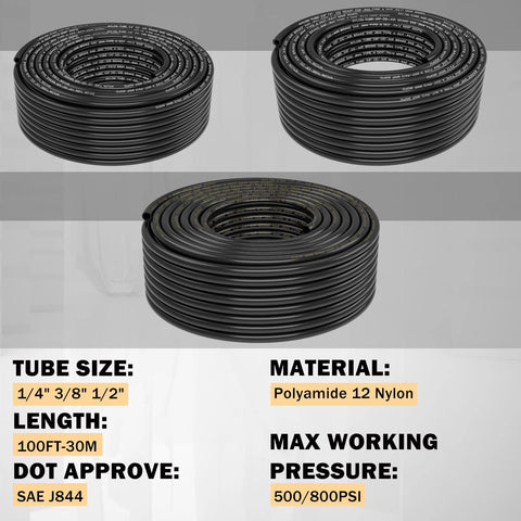 Amazon CheeMuii DOT air hose kit, 3 rolls of black polyamide 12 nylon tubing, 100 ft total, in 1/4, 3/8, and 1/2 inch sizes