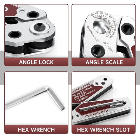 Adjustable Angle Welding Magnet With 20 To 200 Degree Range And 77 Lb Holding Power Magnetic Welding Holder with angle lock, scale, hex wrench, wrench slot.