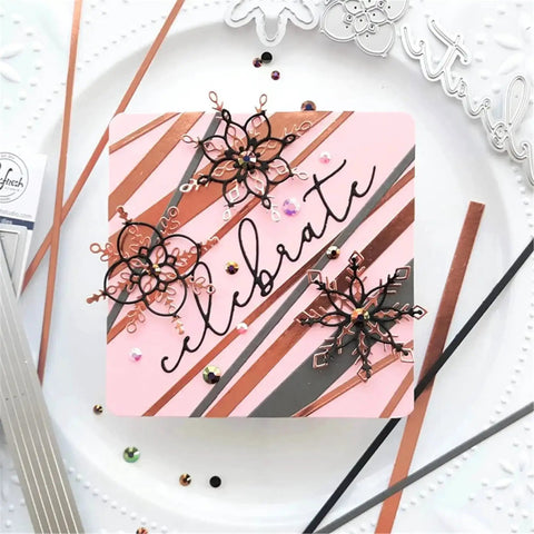Handmade card with floral design using Strip Frame Metal Die Cut Set For Scrapbooking And Card Making, 21.3x8.9 cm strips in black and pink.