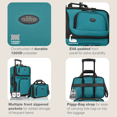 Teal Lightweight Softside Carry On Rolling Luggage With 2 Wheel System, Budget Friendly Durable Polyester, showing 1200D fabric and EVA panel