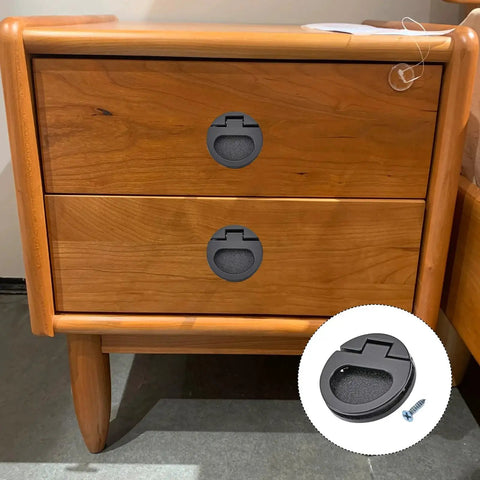 Flush Ring Pull Handles Set Of 3 In Black 43.5mm Zinc Alloy With Screws for Cabinets on wooden drawers, modern slam latch style.