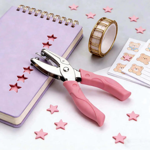 Two Pack Handheld Heart And Star Shape Hole Punches With Ergonomic Soft Grip, 5mm Star And 5.5mm Heart Puncher, pink handle on notebook
