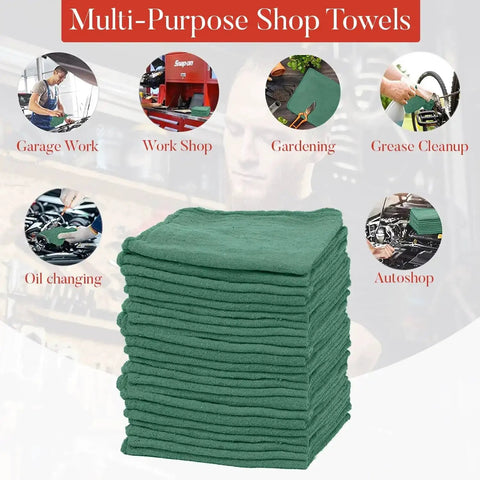 Stack of green multi-purpose shop towels for garage, workshop, gardening, grease cleanup, oil changing, and autoshop
