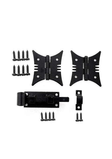 Rustic Speak Easy Door Latch And Decorative Hinge Kit With One Latch, Two Butterfly Hinges And Twelve Black Mounting Screws