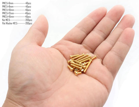 Hand holding 600 Pieces M2.5 Phillips Copper Yellow Machine Screws Assortment Kit With Nuts And Flat Washers Pan Head Bolts