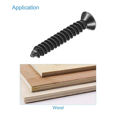 M3 x 20mm Wood Screws Phillips Flat Head Carbon Steel Self Tapping Black Oxide 200 Pcs shown with wood application