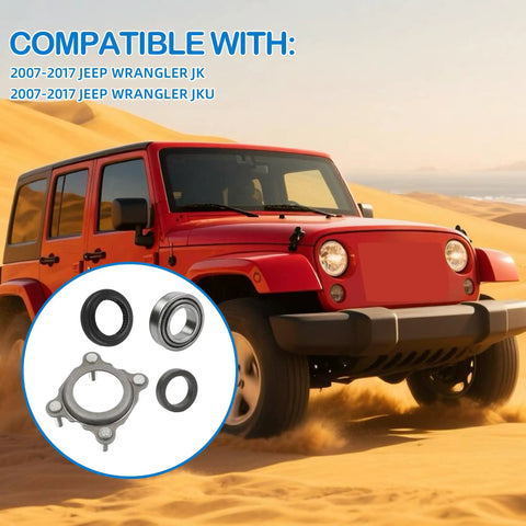 Image of a rear axle bearing and seal kit for 2007 to 2017 Jeep Wrangler JK and JKU with axle shaft seal retainer components.