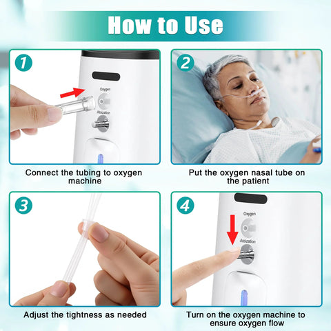 Anglechic 10-pack 7ft adult oxygen nasal cannula with transparent soft tubing; four-step how-to-use infographic.