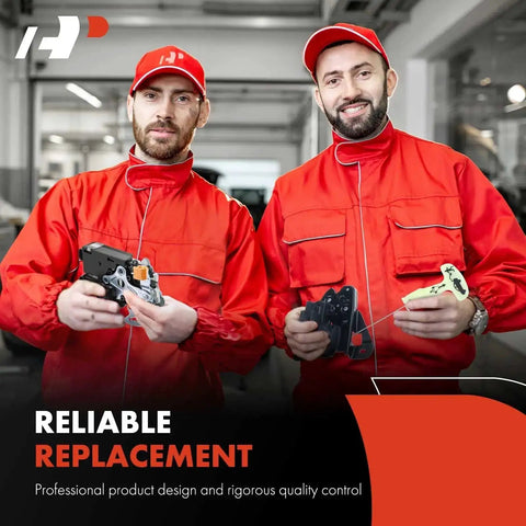 Two technicians holding door lock actuators in a workshop setting