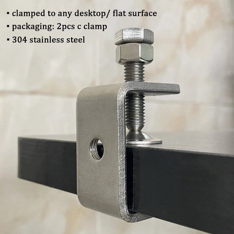 Two-piece C-clamp set, 304 stainless steel G-clamps with wide jaw openings, silver finish mounted on a black metal beam
