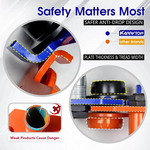Safety comparison of 1 Ton Beam Trolley With Heavy Duty Manual Push, featuring safer anti-drop design and plate thickness vs. other brands.